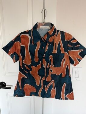 Hunter Bell Camp Shirt Women’s Short Sleeve Button-Up Top in Teal & Rust